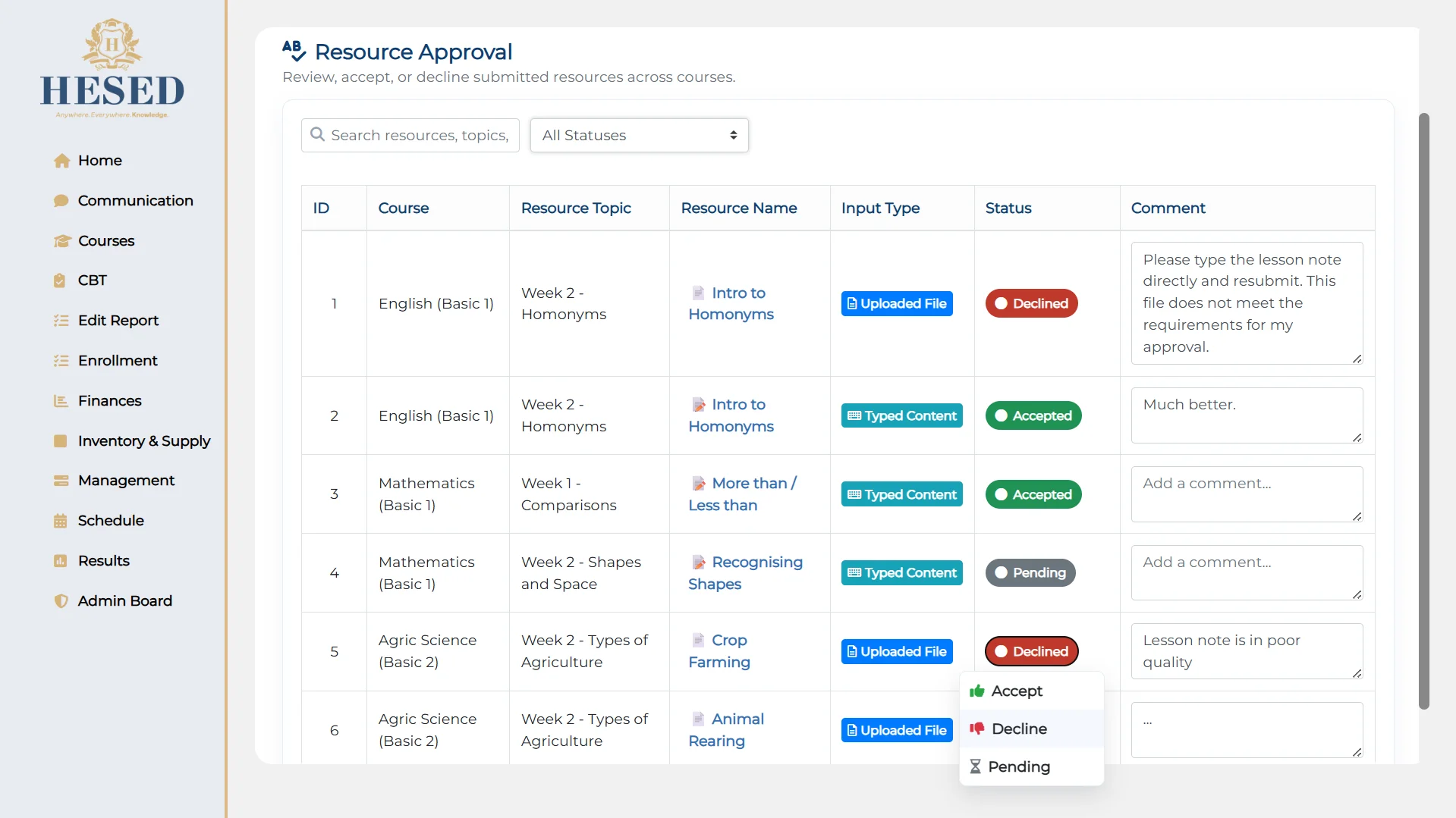 Lesson Note Approvals